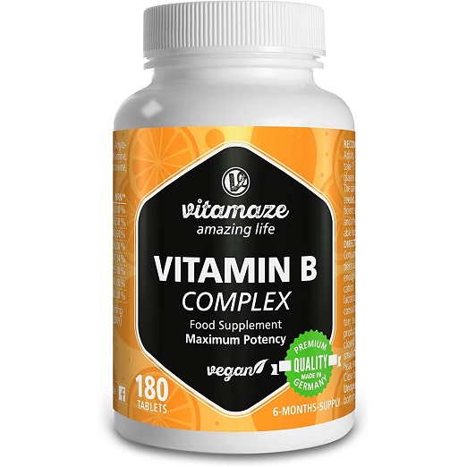 Veilig gehandicapt Th Vitamine B complex B1, B2, B3, B5, B6, B7, B9, B12, vitamine B is o.a.  belangrijk ter ondersteuning van huid, haar, hart, hersenen, regulering  hormoon activiteit en energie. 180 tabletten klein en